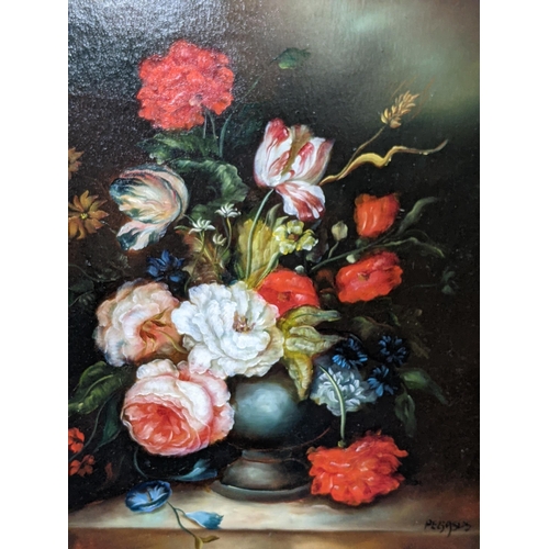 408 - A 20th century still life oil on canvas depicting a vase full of flowers in bloom against a dark bac... 