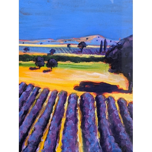 410 - An abstract oil on board landscape depicting lavender fields with hills in the background signed ind... 