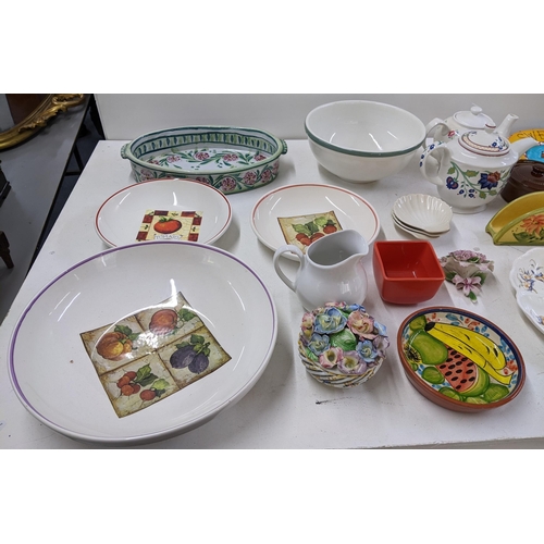 413 - Mixed ceramics to include a Cath Kidston teapot, a Portuguese ornate dish, a porcelain flower bouque... 