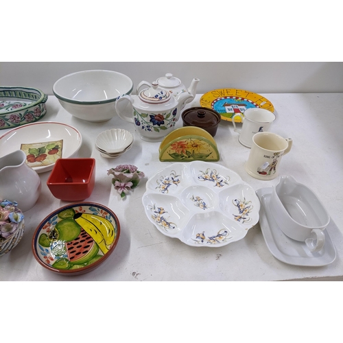 413 - Mixed ceramics to include a Cath Kidston teapot, a Portuguese ornate dish, a porcelain flower bouque... 