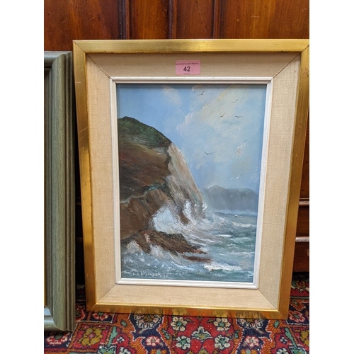 42 - Oil paintings to include Jack Alexander - a coastal scene, W Dunman a Winter scene with a robin by a... 