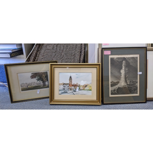 422 - A mixed lot of pictures and prints to include a reproduction engraving of Bell Rock lighthouse, a pi... 