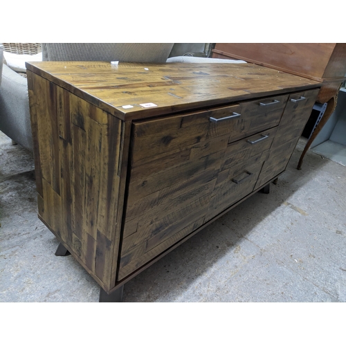 468 - A contemporary hardwood parquetry constructed sideboard, metal drawer handles, on metal feet, 74cm x... 