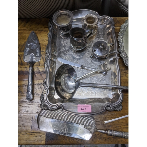 471 - A mixed lot of silver plate to include trays, flatware, and other items Location:G
If there is no co... 