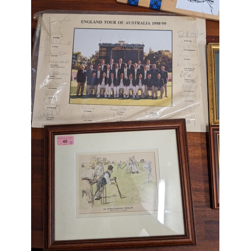 48 - Cricket related collectables to include a stevengraph The First Over, another photograph England Tou... 