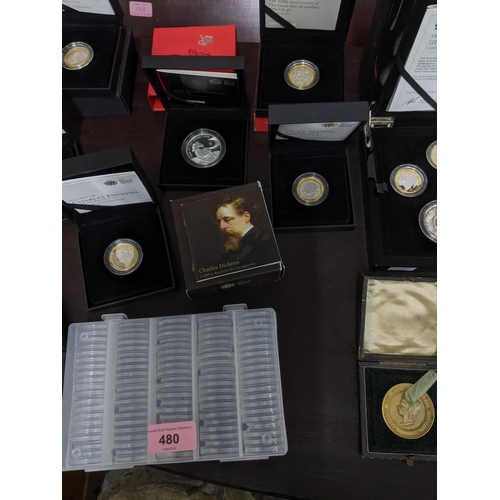 480 - A collection of commemorative silver proof coins and others to include a 2016 UK silver proof commem... 