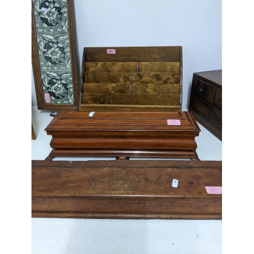 481 - A group of desktop and other wooden items to include a mahogany bank of six drawers with inset brass... 