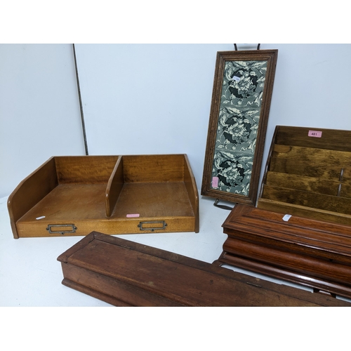 481 - A group of desktop and other wooden items to include a mahogany bank of six drawers with inset brass... 