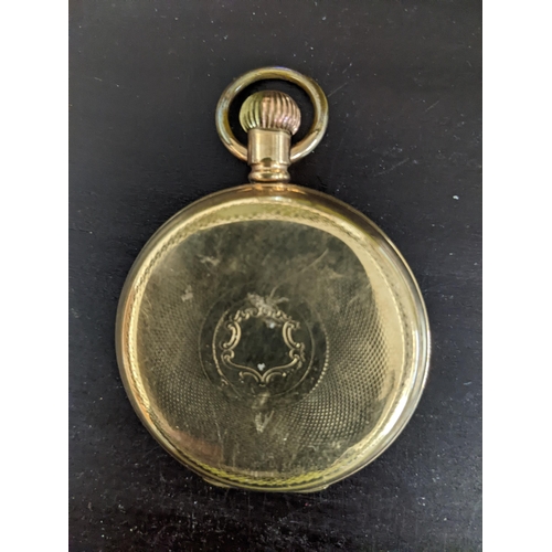 487 - A Waltham Traveller gold plated cased full Hunter pocket watch, white enamel Roman dial with offset ... 