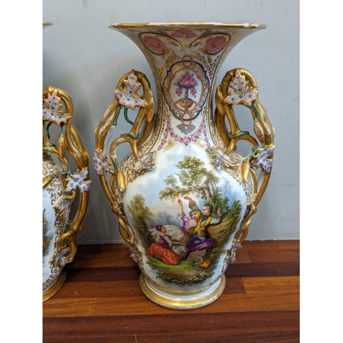 49 - A pair of late 19th century French porcelain painted and gilt vases decorated with panels of figures... 