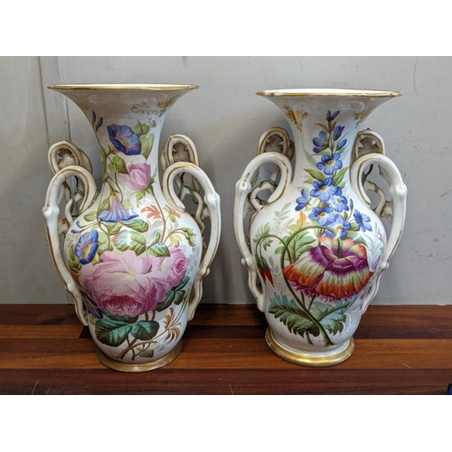 49 - A pair of late 19th century French porcelain painted and gilt vases decorated with panels of figures... 