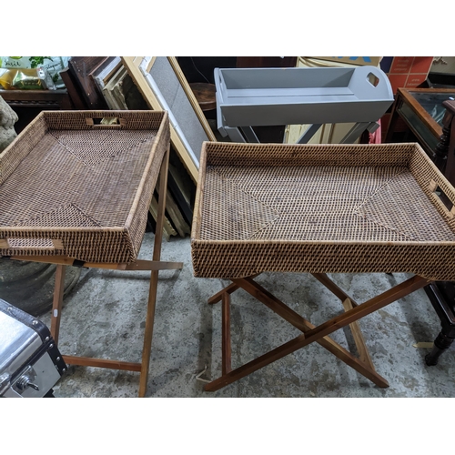 490 - Mixed small furniture to include two folding wickerwork luggage trays on folding wooden stands, a gr... 