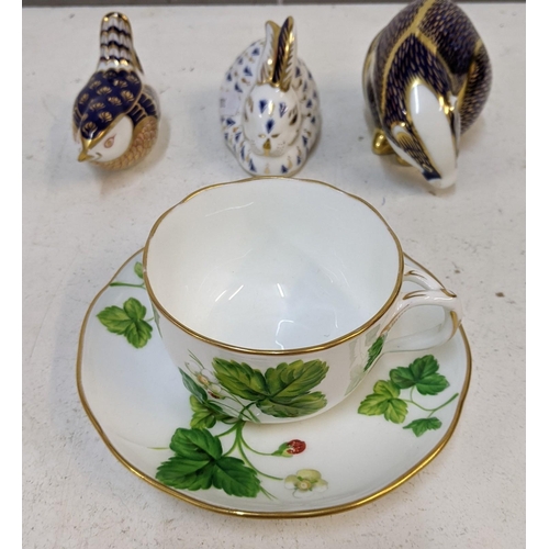 54 - Three Royal Crown Derby paperweights in the shape of a wren, rabbit and badger along with a Minton t... 