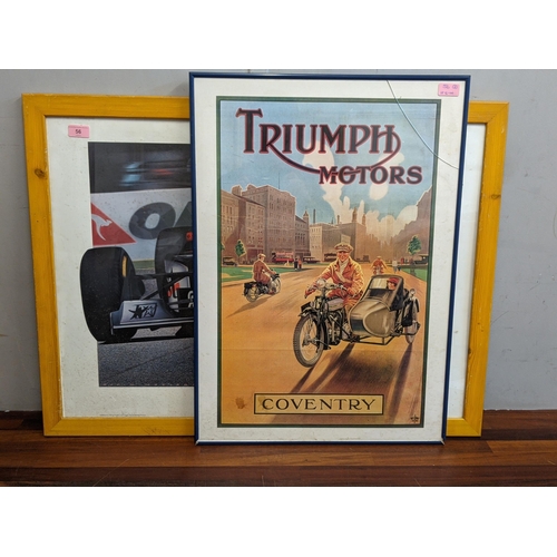 56 - Motor related print to include Gavin Macleod Melbourne McLaren, signed and a reproduction Triumph po... 