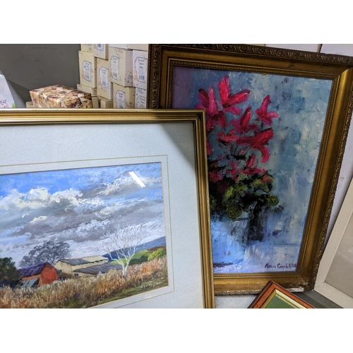 77 - A selection of framed and glazed watercolours and prints to include A.J. Mayhew, Autumn Grasses Marp... 