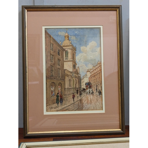 9 - Four pictures to include three watercolours , one of St Peter Le Poor - Old Broad Street E.C. dated ... 