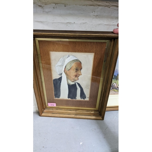 270 - An early 20th century portrait, oil on board depicting an elderly midwife, indistinct signature ***W... 