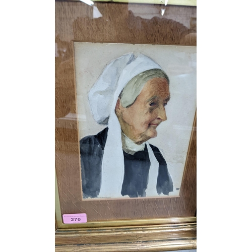 270 - An early 20th century portrait, oil on board depicting an elderly midwife, indistinct signature ***W... 