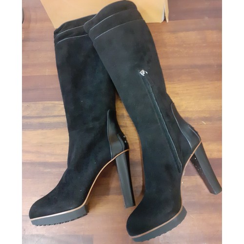 19 - Tods- A pair of ladies unworn 'Plateau Cuoio' knee high black suede and leather knee high boots with... 