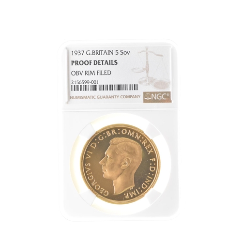 36 - United Kingdom - George VI (1937-1952), 1937 Gold Proof Five Sovereigns / Five Pounds, NGC Graded: P... 