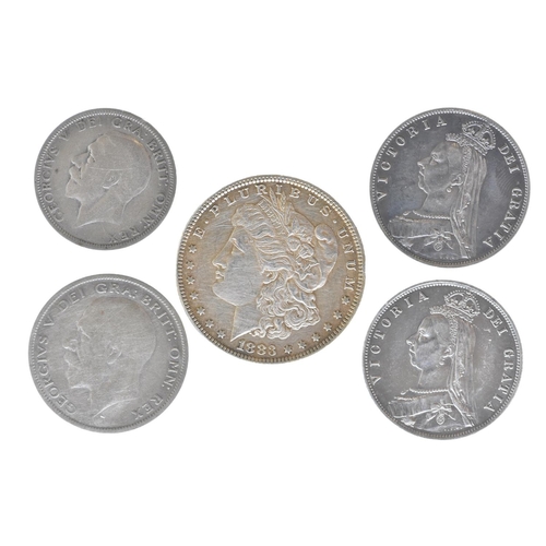 6 - A mixed collection of coins to include a USA 1883 Morgan Dollar, UK Queen Victoria 1887 Halfcrowns, ... 