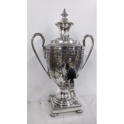 335 - An Edwardian silver plated samovar having a floral swag design and engraved with inscription, 40.5cm... 