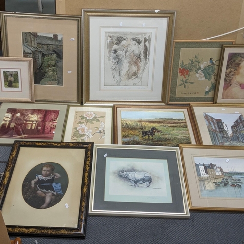 447 - Mixed framed and glazed prints, pictures and paintings to include a print depicting an Indian Rhino ... 