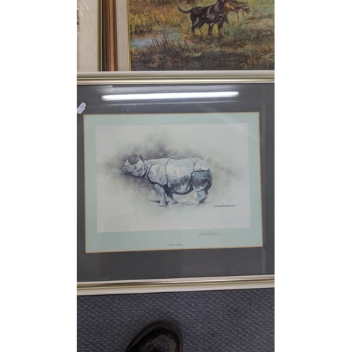 447 - Mixed framed and glazed prints, pictures and paintings to include a print depicting an Indian Rhino ... 