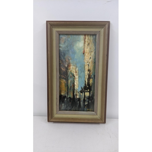 448 - A framed oil on board depicting a street scene, indistinctly signed, 21.5cm w x 45cm h Location:RWB
... 