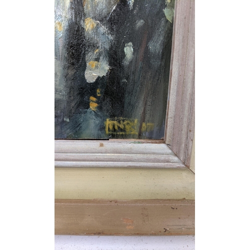 448 - A framed oil on board depicting a street scene, indistinctly signed, 21.5cm w x 45cm h Location:RWB
... 