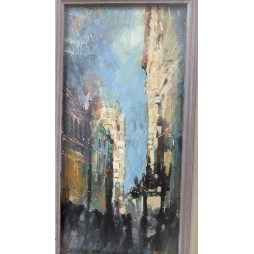 448 - A framed oil on board depicting a street scene, indistinctly signed, 21.5cm w x 45cm h Location:RWB
... 