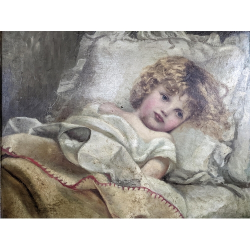 495 - A Victorian oil on canvas painting of a young child in bed, unsigned, 51cm x 61cm Location:RWB
If th... 