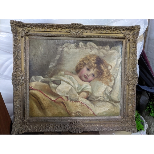 495 - A Victorian oil on canvas painting of a young child in bed, unsigned, 51cm x 61cm Location:RWB
If th... 