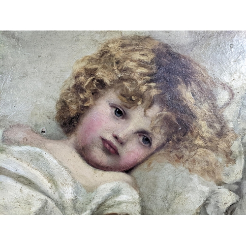 495 - A Victorian oil on canvas painting of a young child in bed, unsigned, 51cm x 61cm Location:RWB
If th... 