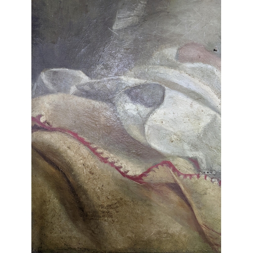 495 - A Victorian oil on canvas painting of a young child in bed, unsigned, 51cm x 61cm Location:RWB
If th... 