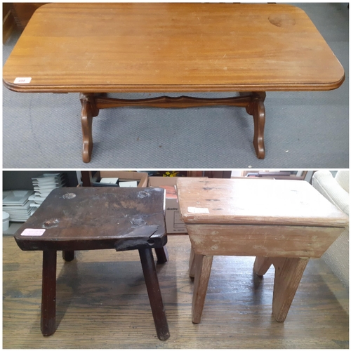 498 - A small pine stool together with a late 18th/early 19th century stool A/F and a late 20th century co... 