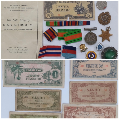 501 - Medals to include the Burma Star and The Defence Medal, enamelled pin badges, medal ribbons, an Orde... 