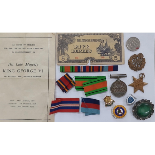 501 - Medals to include the Burma Star and The Defence Medal, enamelled pin badges, medal ribbons, an Orde... 