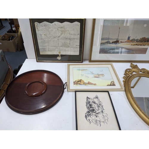 563 - A mixed lot to include a gilt framed oval shaped mirror, a framed picture Seagull on the Shore by H ... 