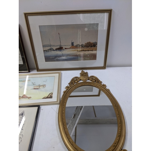 563 - A mixed lot to include a gilt framed oval shaped mirror, a framed picture Seagull on the Shore by H ... 