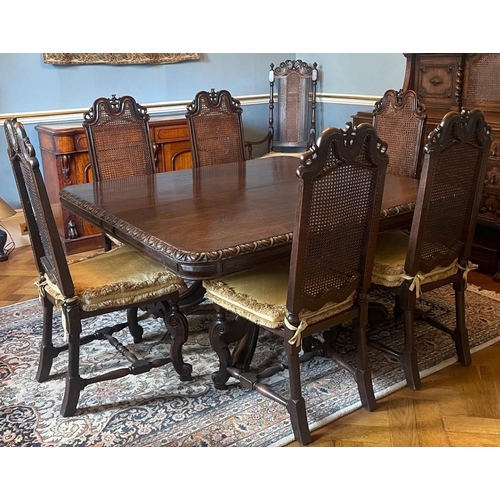 571 - An early 20th century oak dining table, 73cm h x 151cm w, together with a set of eight 17th century ... 