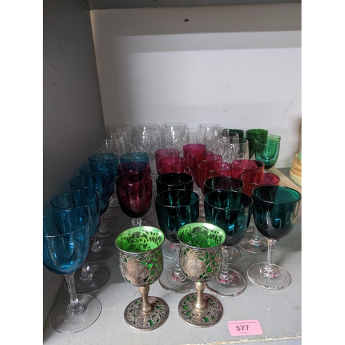 577 - Victorian and later drinking glasses to include a set of six turquoise bowled glasses, eleven cranbe... 