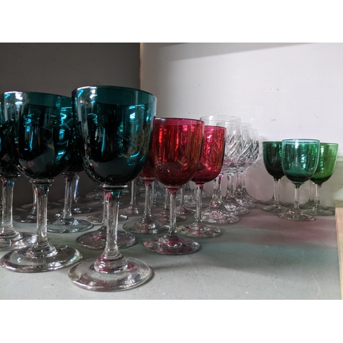 577 - Victorian and later drinking glasses to include a set of six turquoise bowled glasses, eleven cranbe... 