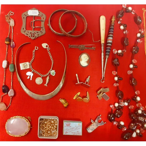 22 - Vintage costume jewellery to include silver items and a gold plated tie clip, 2 engraved silver hing... 