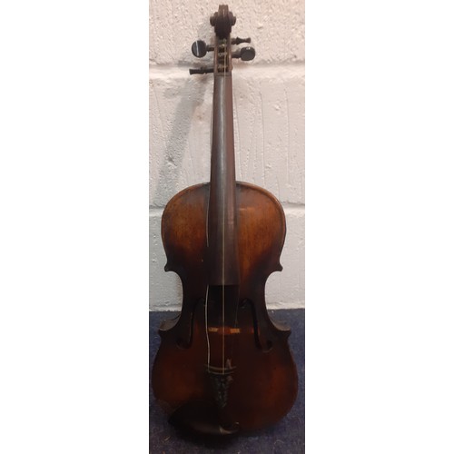 220 - An early 20th Century violin A/F  back measurement 35cm, total length 60cm with bow A/F and fitted c... 