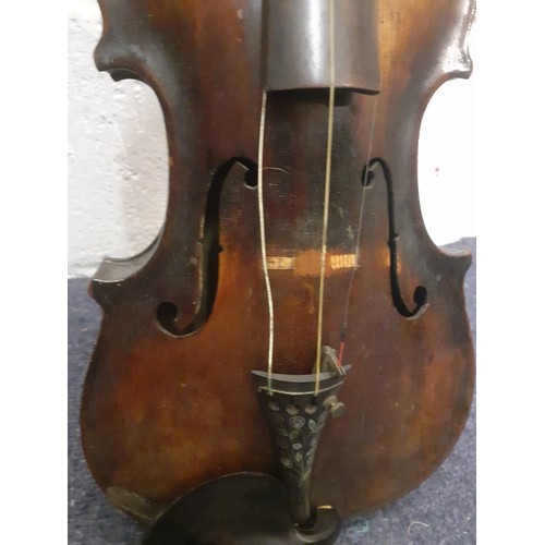 220 - An early 20th Century violin A/F  back measurement 35cm, total length 60cm with bow A/F and fitted c... 