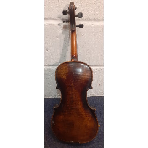 220 - An early 20th Century violin A/F  back measurement 35cm, total length 60cm with bow A/F and fitted c... 