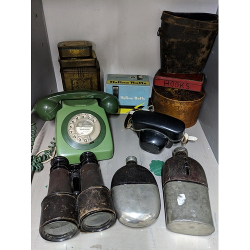 284 - Two hip flasks together with a pair of binoculars, vintage tins, telephone and two cameras
Location:... 