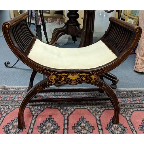 303 - An Edwardian mahogany parquetry inlaid, cross framed stool, 55h x 57w, Location: BWR

If there is no... 