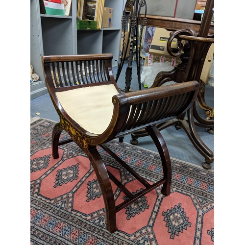 303 - An Edwardian mahogany parquetry inlaid, cross framed stool, 55h x 57w, Location: BWR

If there is no... 